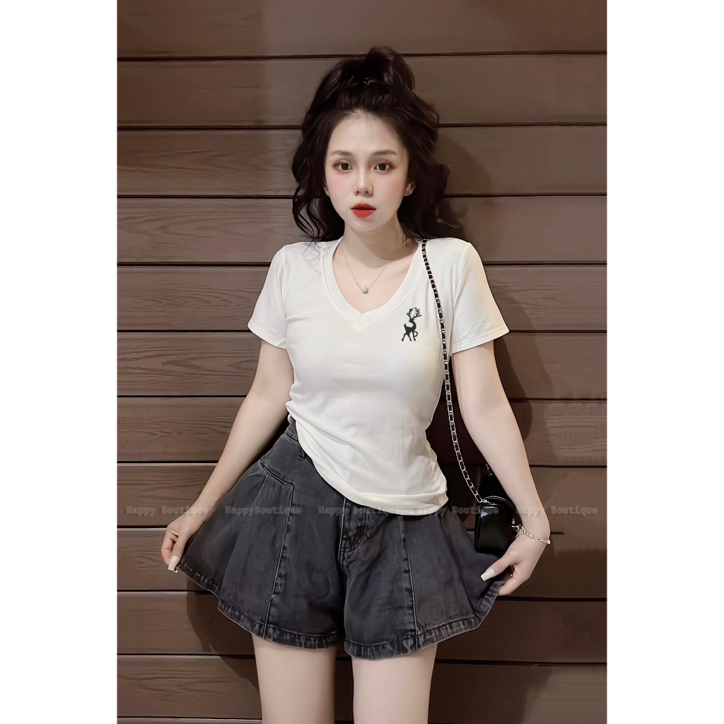 Áo Thun Dáng Ôm Cổ Tim Nữ [Mã B76] Tôn Dáng 35~55kg, Hình Thêu Cotton Mềm Mịn Co Dãn Tốt [THÊU HƯƠU] | BigBuy360 - bigbuy360.vn