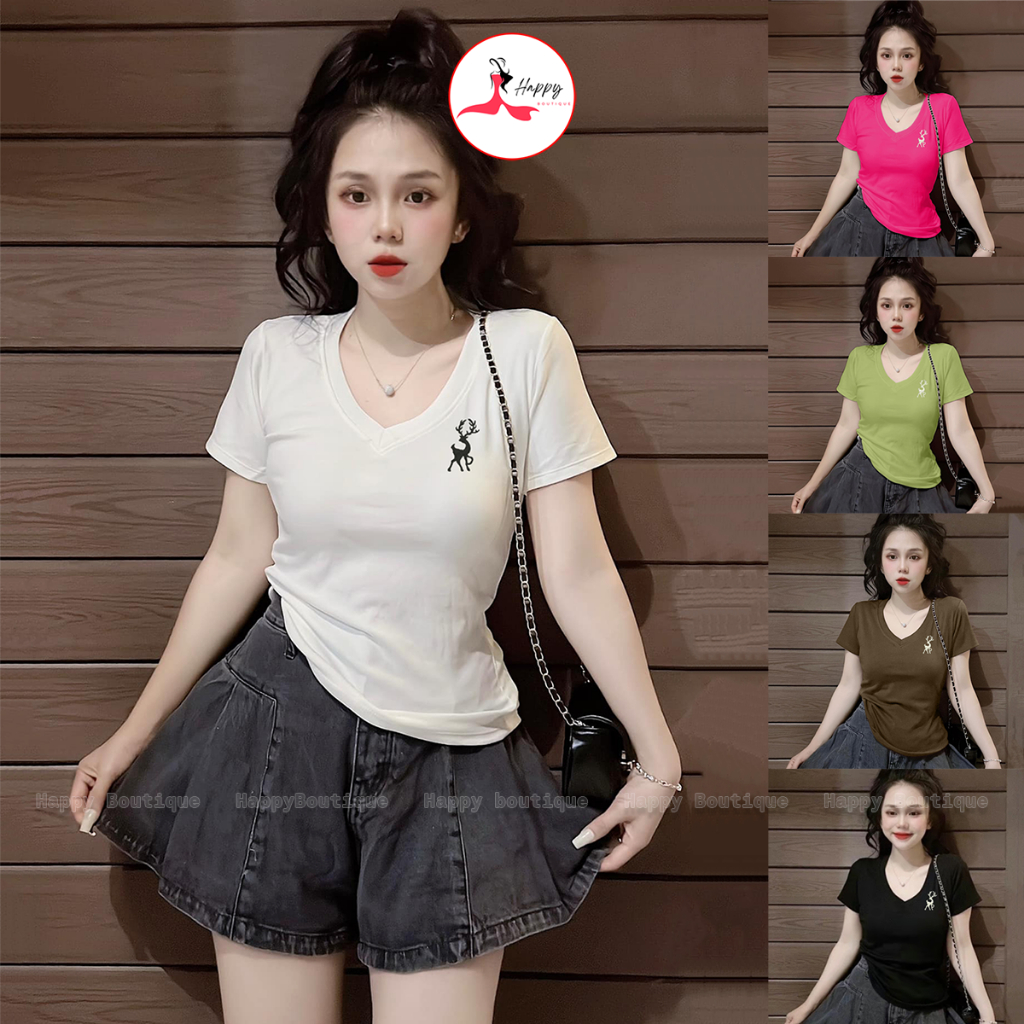 Áo Thun Dáng Ôm Cổ Tim Nữ [Mã B76] Tôn Dáng 35~55kg, Hình Thêu Cotton Mềm Mịn Co Dãn Tốt [THÊU HƯƠU]