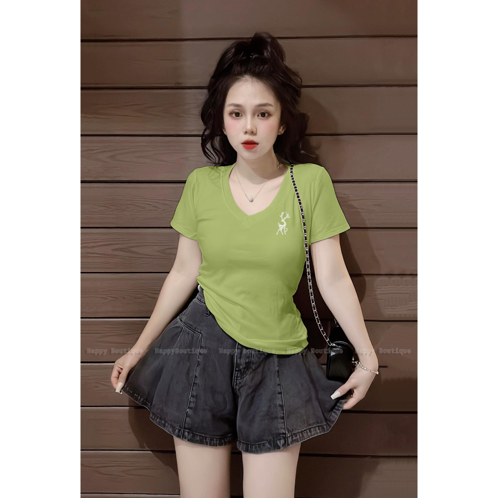 Áo Thun Dáng Ôm Cổ Tim Nữ [Mã B76] Tôn Dáng 35~55kg, Hình Thêu Cotton Mềm Mịn Co Dãn Tốt [THÊU HƯƠU] | BigBuy360 - bigbuy360.vn