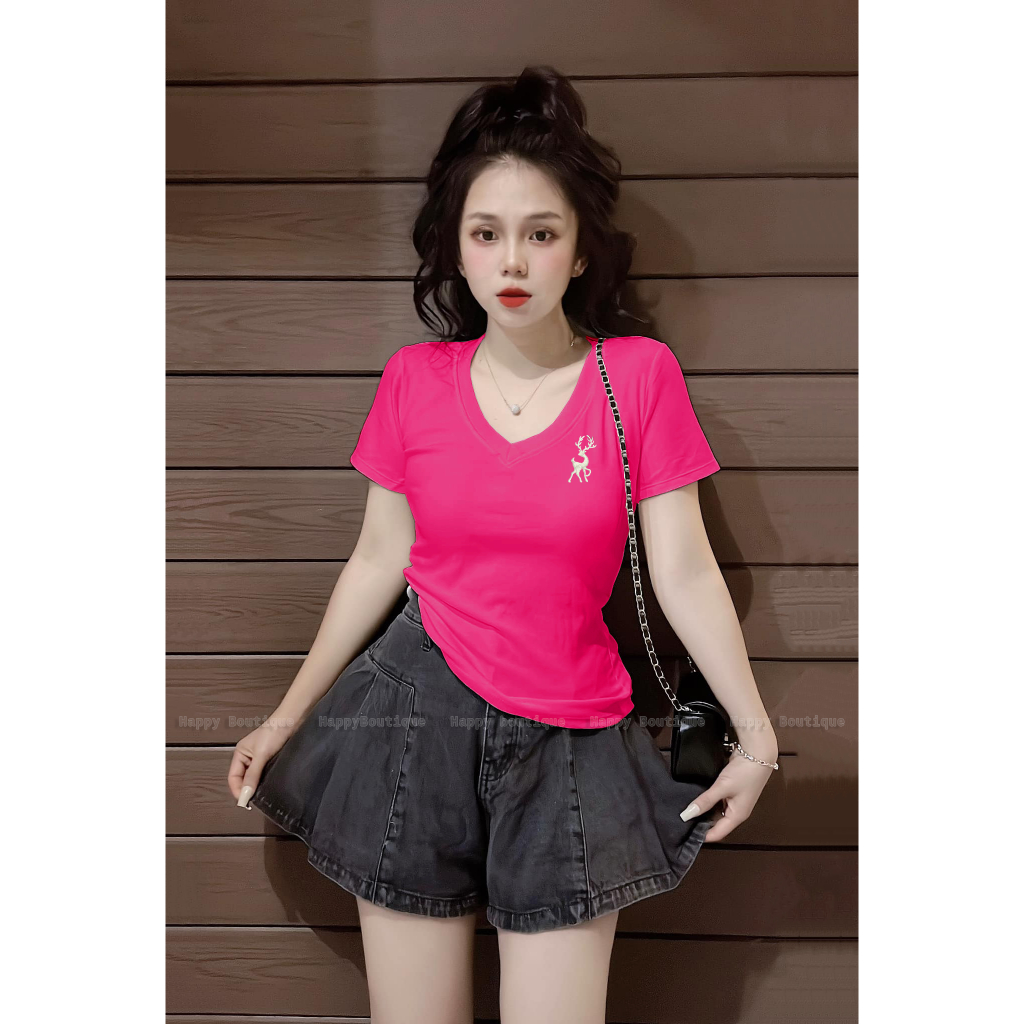 Áo Thun Dáng Ôm Cổ Tim Nữ [Mã B76] Tôn Dáng 35~55kg, Hình Thêu Cotton Mềm Mịn Co Dãn Tốt [THÊU HƯƠU] | BigBuy360 - bigbuy360.vn