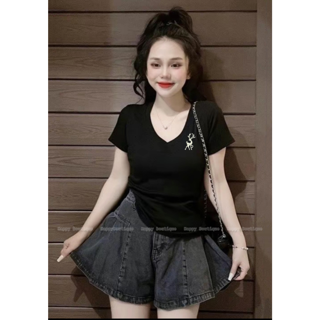 Áo Thun Dáng Ôm Cổ Tim Nữ [Mã B76] Tôn Dáng 35~55kg, Hình Thêu Cotton Mềm Mịn Co Dãn Tốt [THÊU HƯƠU] | BigBuy360 - bigbuy360.vn