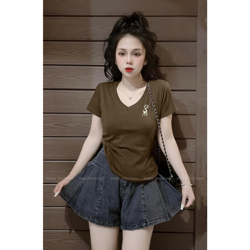 Áo Thun Dáng Ôm Cổ Tim Nữ [Mã B76] Tôn Dáng 35~55kg, Hình Thêu Cotton Mềm Mịn Co Dãn Tốt [THÊU HƯƠU] | BigBuy360 - bigbuy360.vn