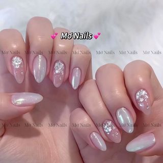   Tặng hộp nail keo MxBon  Nail Box Thiết Kế 10 Móng Úp Hồng Tráng Gương Nhũ Giấy M76 Mơ Nails 