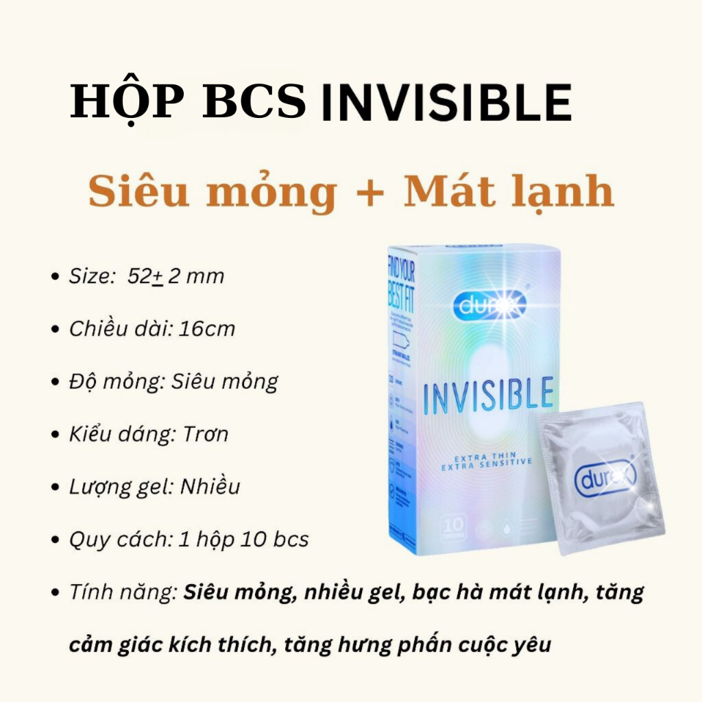 [CHÍNH HÃNG] Bao cao su  Invi,sible siêu mỏng size 52mm, hộp 10 bao.