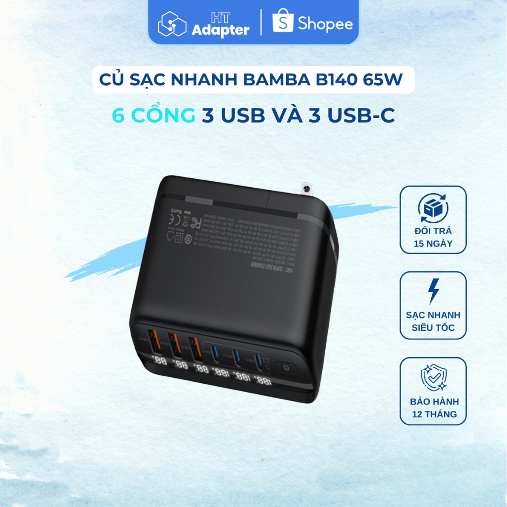 Củ sạc nhanh Bamba B140 140W 6 cổng (3 USB và 3 USB-C) PC và PVC dành cho các thiết bị ip, Android |