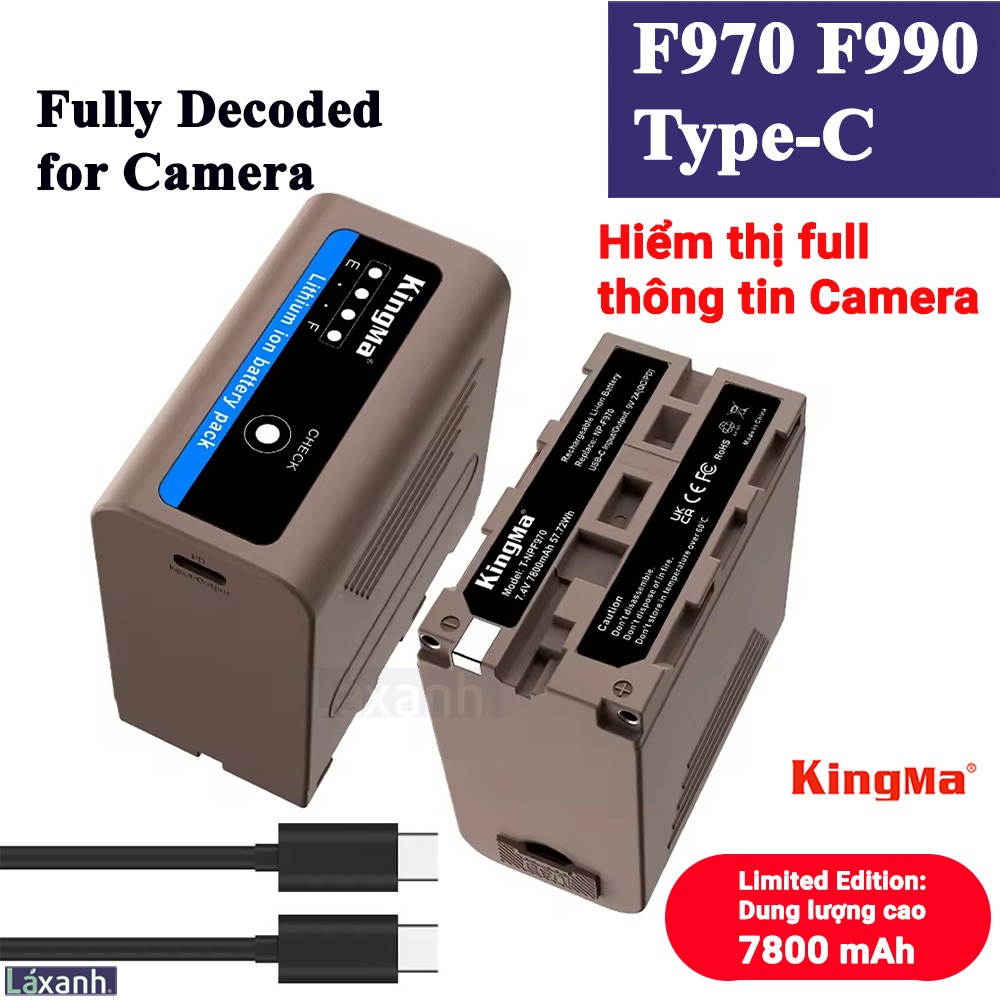 Sony F970 F990 Type-C đèn LED báo mức pin Dung lượng cao 7800mAh đèn chụp studio, máy quay, monitor 