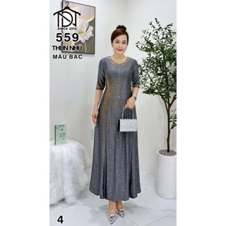  Đầm maxi trung niên dự tiệc sang trọng vải thun nhũ cao cấp đính đá tặng mẹ co giãn tốt bigsize 80kg M559 