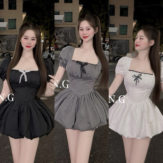 Váy nữ tay bồng chun lưng phối nơ ren siu xinh