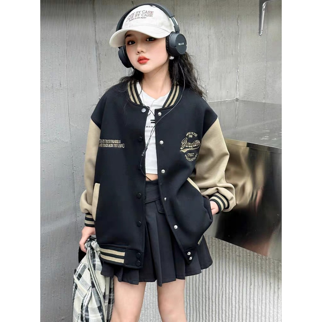  Áo khoác bomber 2 màu Đen Nâu và Be Đô  có mũ  bé gái 2024-2025,Size 9-55Kg 