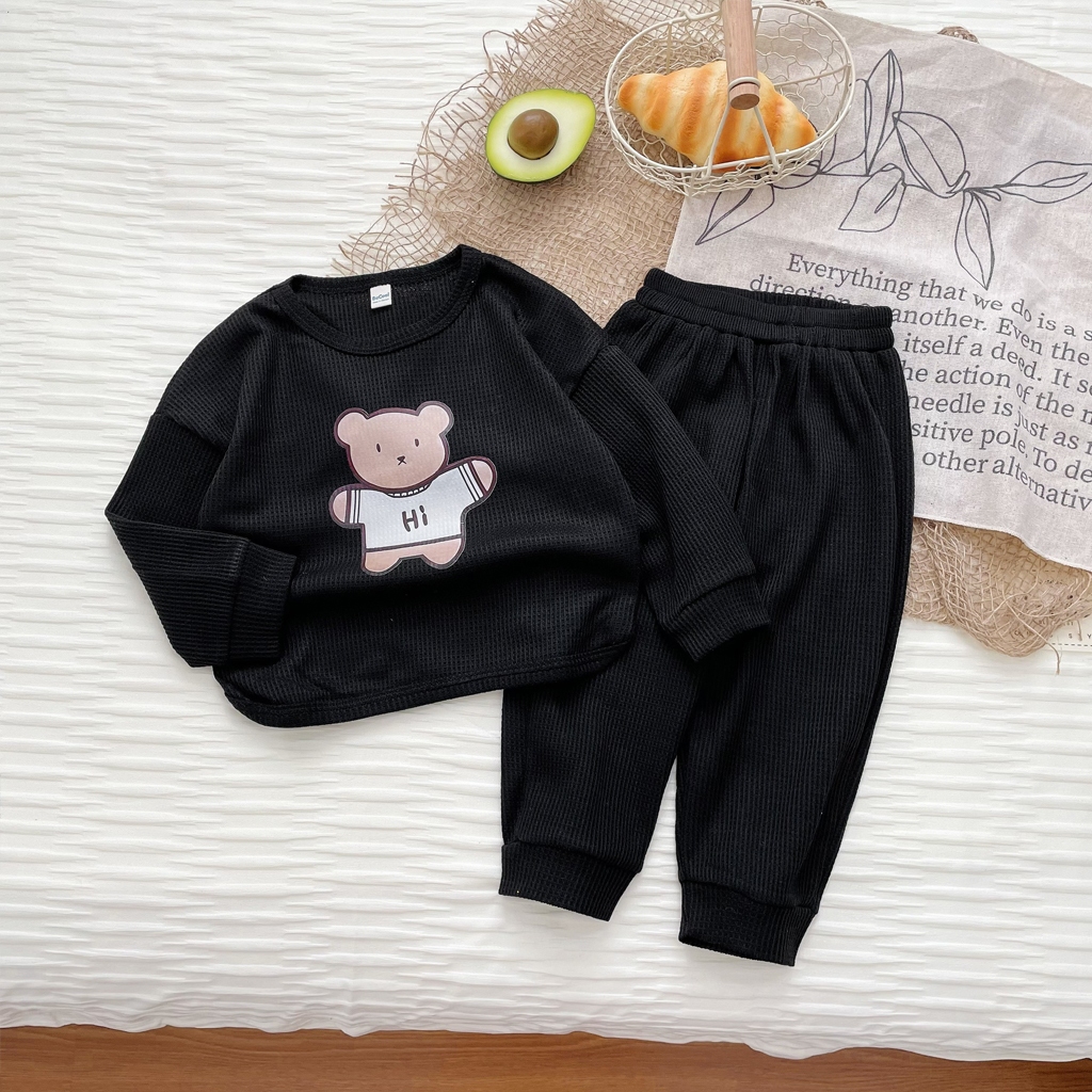 Bộ Quần Áo Dài Tay In Gấu Hi, Bộ Thu Đông Chất Tổ Ong Cho Bé Trai Bé Gái Từ 7-19kg - ROSY KIDS