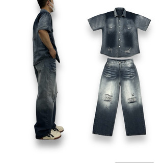 Set Sơmi Jeans Nam Nữ Tay Ngắn - Màu Wash Khói Phối Rách - Chất Vải Jeans Dầy Dặn