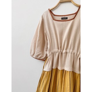 Đầm cổ vuông phối màu vải linen và thô dệt -by savanna