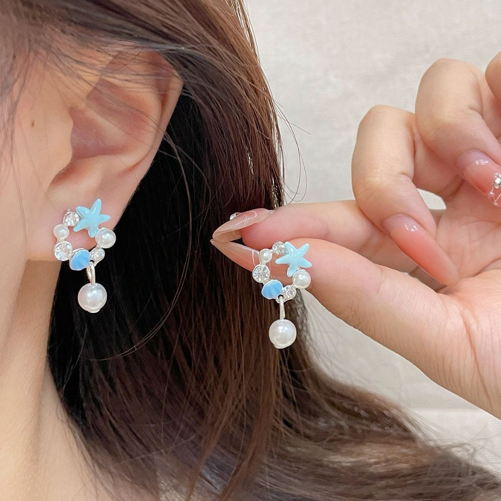 Bông tai sao biển vỏ sò ốc biển, Hoa tai màu xanh đại dương, Khuyên tai mùa hè đi biển