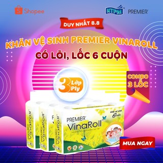 Giấy vệ sinh Premier VinaRoll có lõi, 3 lớp 100% bột giấy nguyên sinh, không chất tẩy lốc 6 cuộn