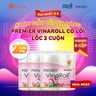 [COMBO 3 CẶP] Khăn giấy bếp đa năng Premier VinaRoll có lõi, 2 lớp 100% bột giấy nguyên sinh, không chất tẩy lốc 2 cuộn