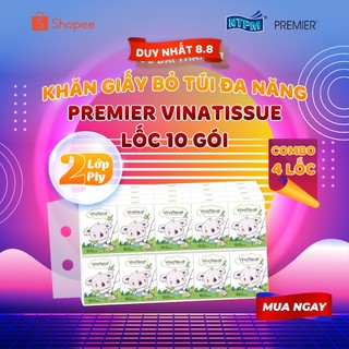 Khăn giấy bỏ túi đa năng Premier VinaTissue 2 lớp 100% bột giấy nguyên sinh, không chất tẩy gói 10 tờ