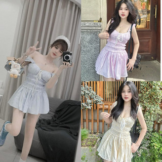 Váy-Đầm Kẻ Bo Nhún Eo Tay Hến MPB Mặc 2 Kiểu”daisy dress”tiểu thư
