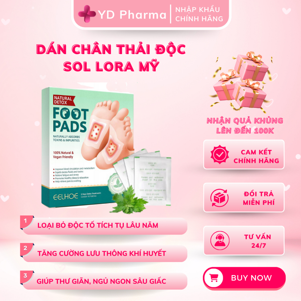 Hộp Miếng Dán Thải Độc Chân Sol Lora, Thải Độc Ngải Cứu, Giảm Đau Nhức, Loại Bỏ Độc Tố Cơ Thể, Ngủ Ngon  | YD Pharma