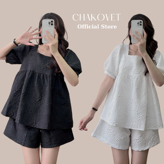Set đồ nữ sang chảnh tiểu thư S8349 Áo babydoll dập hoa nổi kèm quần bo chun style Hàn Quốc mặc đi chơi du lịch cực xinh