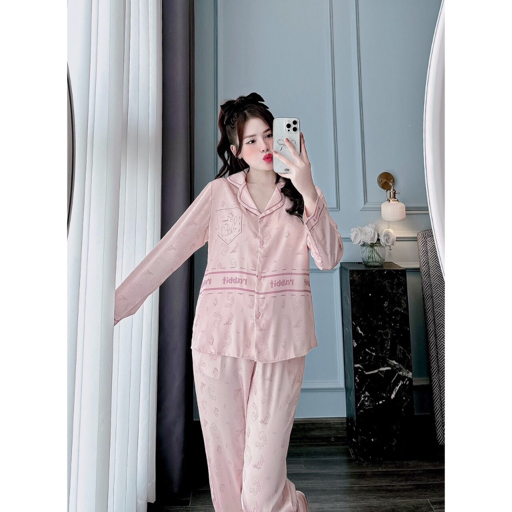 Bộ lụa Pijama SAM Luxury tay dài thỏ hồng dễ thương.DD03.