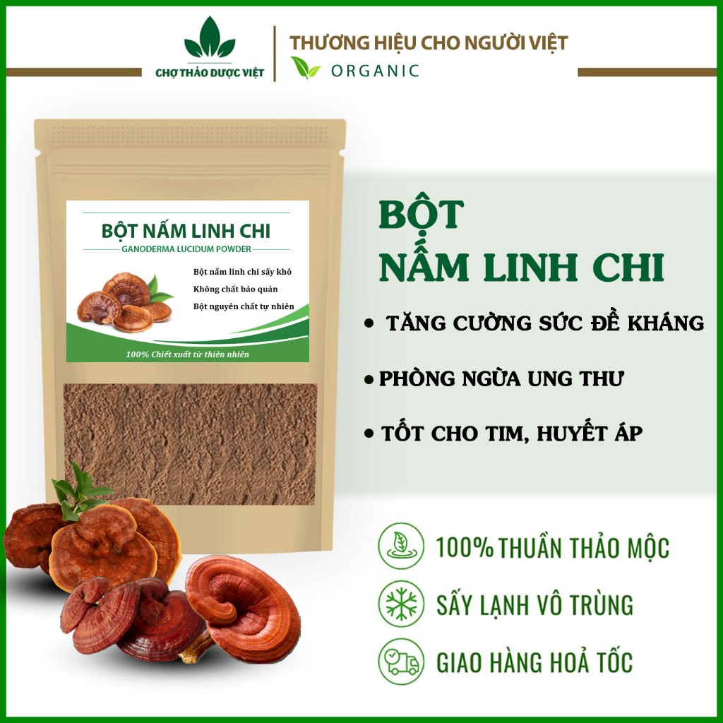Bột nấm linh chi 100g, nguyên chất, tăng sức đề kháng, hỗ trợ tim mạch, huyết áp, ngừa ung thư
