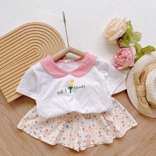 Set cộc tay nữ cổ sen in chữ the flower chất cotton mềm dáng xinh cho bé mặc đi học, đi chơi, biển