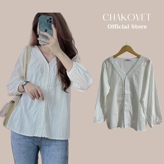 Áo sơ mi nữ dài tay màu trắng, Áo kiểu nữ hạt gạo cổ tim thô đũi Freesize - CKA018