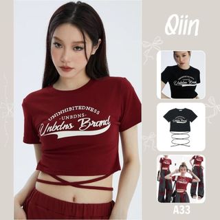 Áo croptop nữ tay ngắn phối dây thắt eo kết hợp in chữ a33