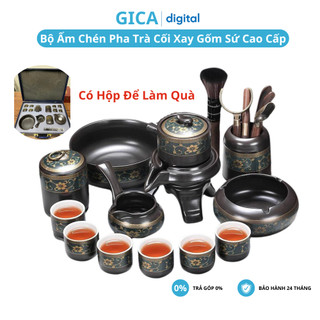 Bộ ấm chén uống trà cối xay cao cấp hoa văn tinh tế đẹp mắt, bộ ấm chén gốm sứ kungfu kèm hộp quà tặng