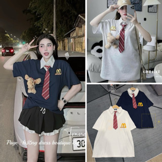 Áo polo cổ bẻ form rộng, áo phông in chữ nổi bật phối cavat kẻ sọc học sinh chất liệu cotton co giãn