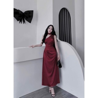 Đầm lụa dáng dài lệch vai sang trọng chất tuyết nhung cao cấp đính bông hoa cổ kèm đai quyến rũ