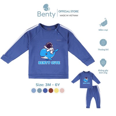 Bộ dài tay cài chéo thể thao in hình BENTY BT092 mịn mại, thoáng mát, đồ bộ mặc điều hòa cho bé