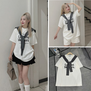 Áo phông thủy tay lỡ, áo thun in chữ nổi bật phối khăn quàng chất liệu cotton phong cách Hàn Quốc