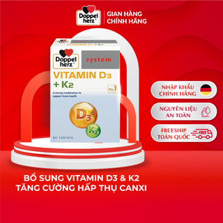 Viên uống D3 K2 Doppelherz Vitamin D3 + K2 hỗ trợ tăng cường hấp thu canxi, giảm nguy cơ loãng xương (Hộp 30 viên)