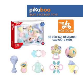 Bộ xúc xắc gặm nướu cao cấp 8 món Pikaboo, xúc xắc kết hợp silicone mềm cao cấp an toàn cho bé