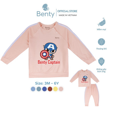 Bộ dài tay cài chéo thể thao in hình BENTY BT097 mềm mịn, thấm hút mồ hôi tốt cho bé mặc đi chơi