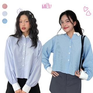 Áo sơ mi tay dài form ngắn họa tiết sọc phối cổ tay trắng thích hợp công sở Keeley Miều Est.2013