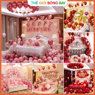 Set bóng trang trí phòng cưới, bóng bay trang trí phòng cưới, tone hồng gold TẶNG 100 CÁNH HOA HỒNG