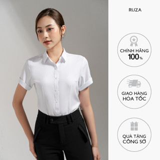 Áo sơmi nữ classic RUZA màu trắng tay ngắn kate cafe ít nhăn thời trang công sở ANC002