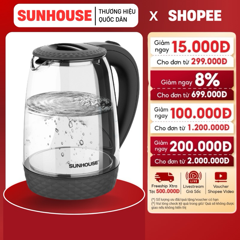 ẤM SIÊU TỐC THỦY TINH 1.8L SUNHOUSE SHD1215B - Đun sôi 5-6 phút, Hàng chính hãng bảo hành 12 tháng