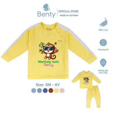 Bộ dài tay cài chéo thể thao BENTY BT095 chú khỉ dễ thương chính hãng, cho bé từ 3 tháng đến 6 tuổi