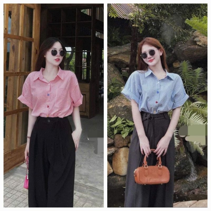 Set áo sơ mi caro xốp thời nữ mặc dễ thương kèm quần dài cotton lạnh 2 màu y hình,
