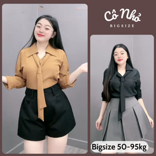 Áo Sơ Mi Nữ Kiểu Tay Dài Kèm Vạt Cà Vạt Phong Cách Hàn Quốc Vải Lụa Chéo Kẻ Sọc CÓ BIGSIZE SM168