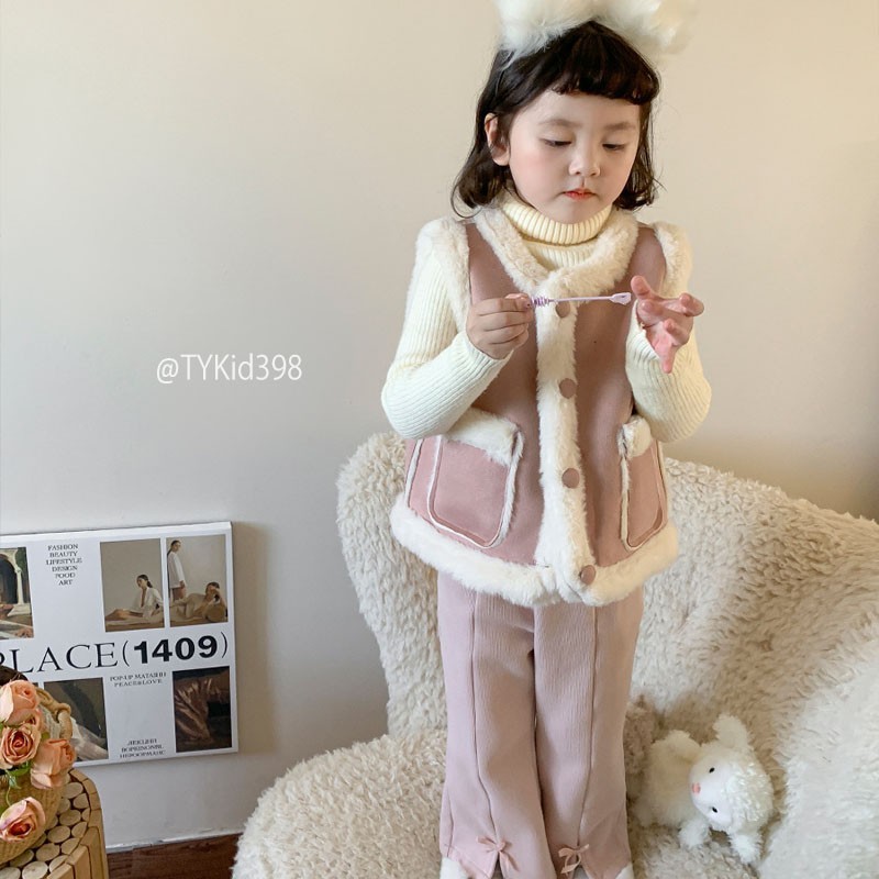 Quần áo trẻ em, Áo khoác gile da lộn lót lông bé gái, chất da mềm lót dày dặn cho bé 9-26kg AK398 | Tiểu Yến KID