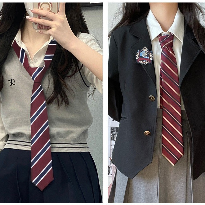 Cà Vạt Tự Thắt Kẻ Sọc Phong Cách Nhật Bản Màu Đỏ Đô - Cavat Tự Thắt Kỷ Yếu Đỏ Đô