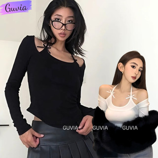 Áo thun cổ yếm tay dài đính nơ hai bên, áo thun vạt bầu chất borip mềm mịn guvia add81
