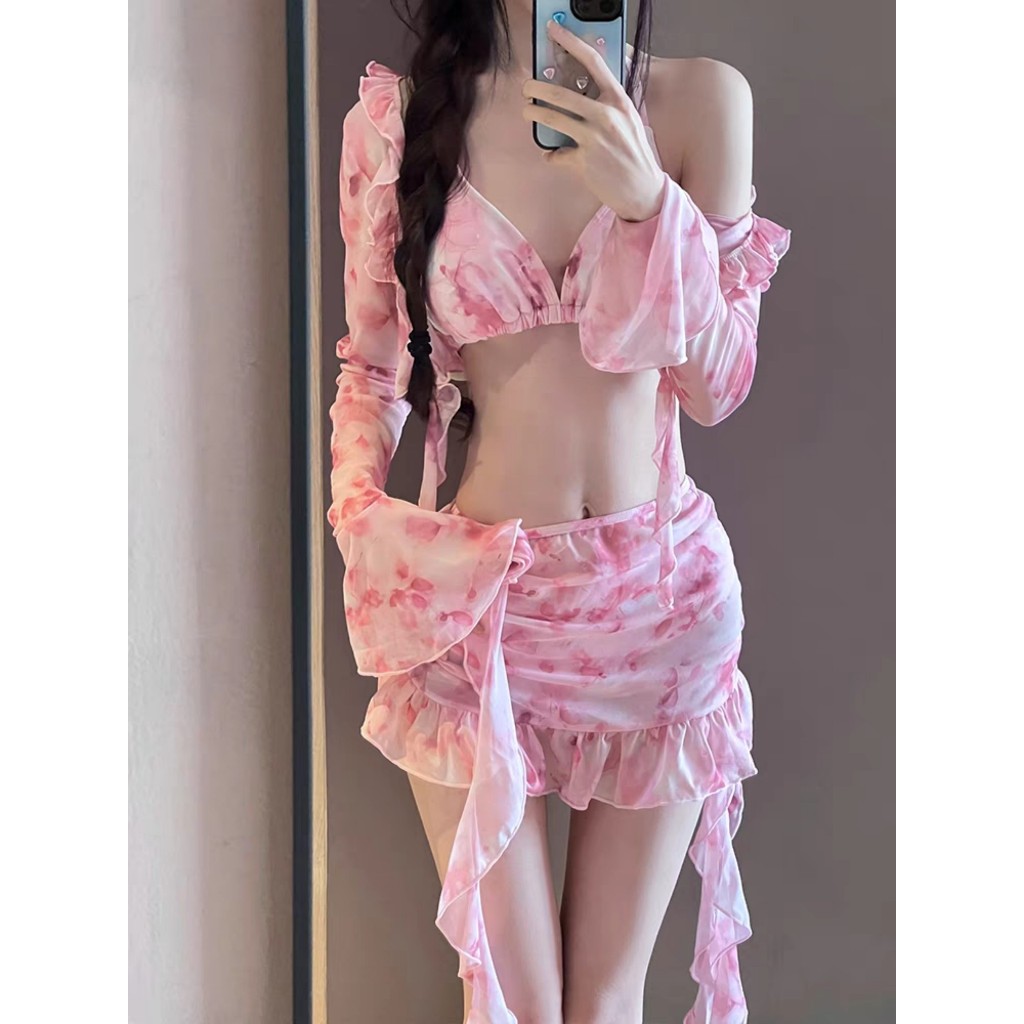 Set bikini đi biển 4 chi tiết HOA ĐÀO sẵn đệm mút, đồ bơi nữ sexy sang chảnh che khuyết điểm Freesize <55kg - Mã F01 | BigBuy360 - bigbuy360.vn