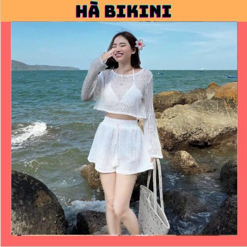 BIKINI, ĐỒ BƠI đi biển thời trang,3 chi tiết áo bra có mút quần short kèm áo KHOÁC REN LỖ tay dài chuẩn hình HÀ BiKiNi | BigBuy360 - bigbuy360.vn