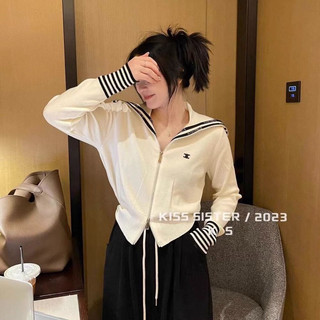  【Sẵn Trắng Áo khoác len cadigan màu trắng khoá kéo thuy thủ kiểu dáng Hàn Quốc áo cardigan len dệt kim nữ 