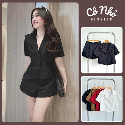 Bộ Blazer Bigsize Nữ Áo Croptop  Cổ Vest Kèm Quần Đùi Lưng Chun Vải Cotton Lạnh Mềm SET79